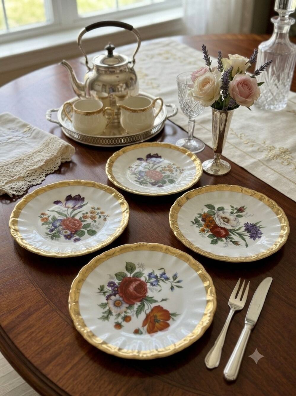 Vintage Golden Crown E&R Western Germany Floral Plates Dishes Set of 4